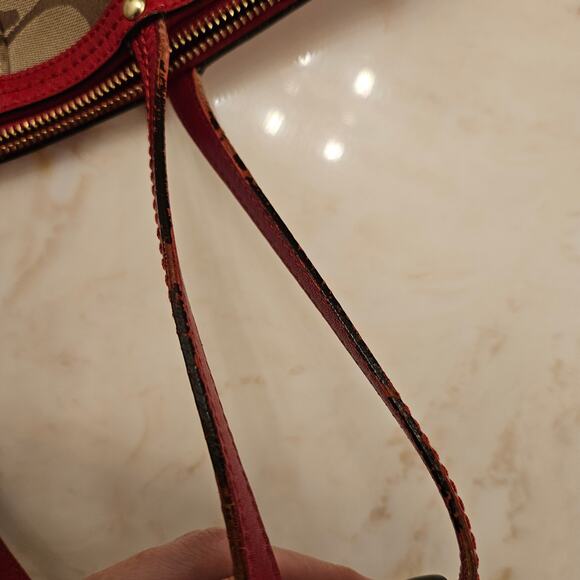 Coach Purse: Beige Signature Canvas + Red Patent Leather, Authentic Zipped Tote - Picture 11 of 13